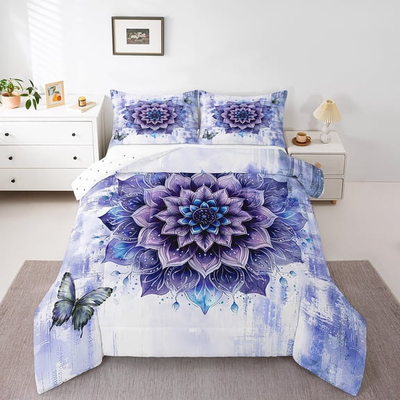 Watercolor Mandala Bedding Twin Size Chic Flower Floral Comforter Set Twin Women,Watercolor Oil Painting Duvet Insert Ombre Gradient Quilt Comforter,Navy Blue Bedding Comforters & Sets