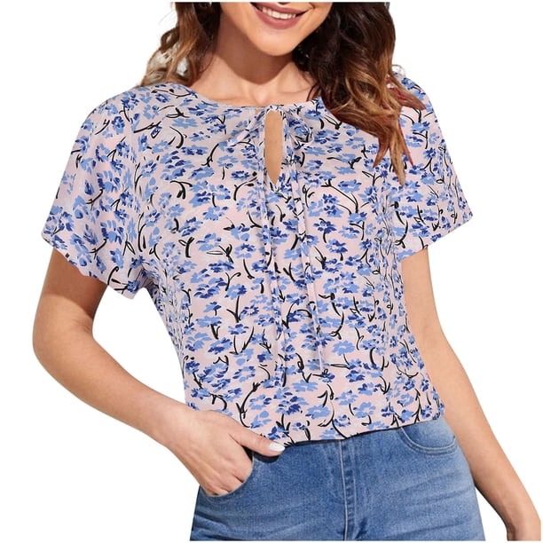 Blusa holgada de manga corta con cuello en V y estampado floral informal de verano para mujer Pompotops hkajfhjk471906