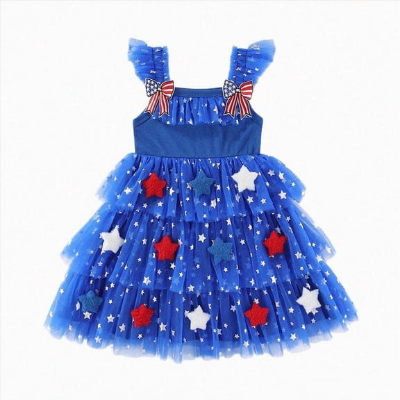 CAUYDY 4th of July Kids Outfit Toddler Girls Dresses Baby Independence Day Dress Children Girls' American Flag Print Clothes 2T 3T 4T 5T 6T 7T (Sizes 3-4 Years,Blue)