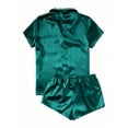 thumbnail image 3 of DeHolifer Women's Pajamas Sets Short Sleeve Solid Casual Sleepwear Button Down Lapel and Shorts Satin 2 Piece Pajama Set Green S, 3 of 3