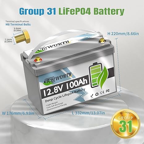 12V 100Ah LiFePO4 Battery,TCBWORTH Group 31 Lithium Batteries for RV,Solar,Marine,Trolling Motor,Boat,100A BMS,15000+Deep Cycles