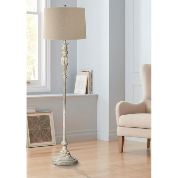 360 Lighting Vintage Shabby Chic Floor Lamp 60" Tall Antique White Washed Natural Linen Fabric Drum Shade for Living Room Reading Bedroom Office