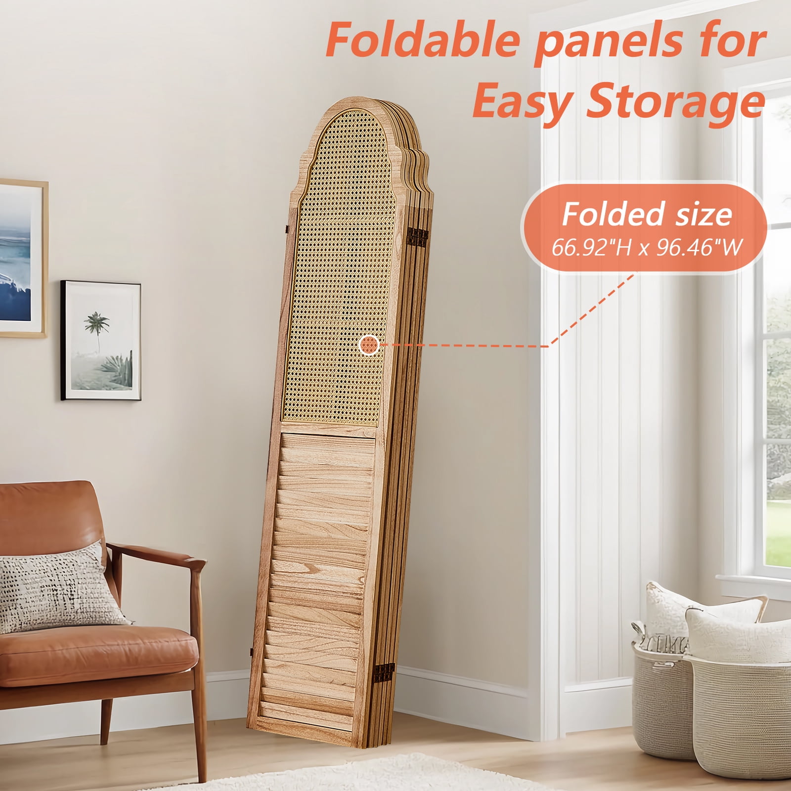Aletheiawu 4 Panel Rattan Room Divider, Foldable Privacy Screen, No Installation, Light Brown
