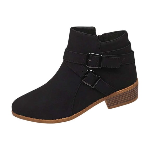 Black Women'S Short Boots Casual Style Pointed Toe Side Zipper Thick Heel Low Heel For Outdoor Indoor