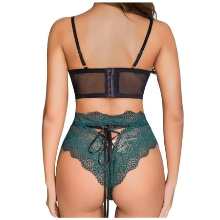 

DNDKILG Plus Size Babydoll V-Back Bra and Panty Sets for Women Teddy Hollow Out Lingerie Set Lace Sexy Lingerie Dark Green S