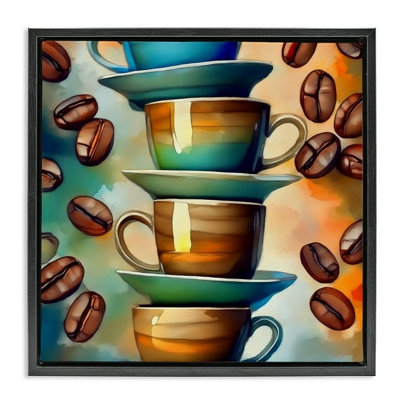 Stupell Industries Ceramic Teacups & Coffee Food & Beverage Painting Black Floater Framed Canvas Art Print Wall Art, 18 x 18