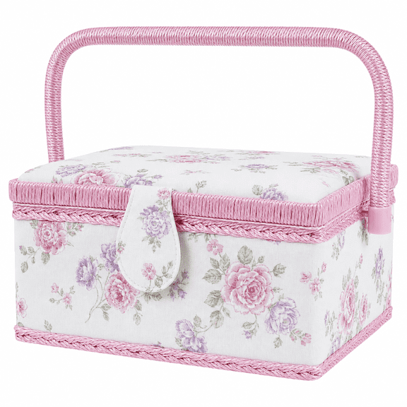 Sewing Basket Organizer with Removable Tray and Interior Pocket, Sewing Box for Sewing Supplies Mending Kit Storage, Floral Print Wood Frame, 9.5 x 6.9 x 5.1 Inches