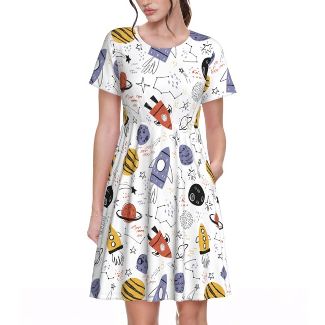 Easygdp Rocket Planets para Vestido Transpirable de Mujer, Vestido Suelto de Manga Corta con Pliegues y Bolsillos para el Verano