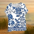 thumbnail image 2 of Linen Plus Size Tops for Women Floral Printed Short Sleeve Crewneck Loose Fit Casual Beach Summer Tshirts (XL, Blue), 2 of 5
