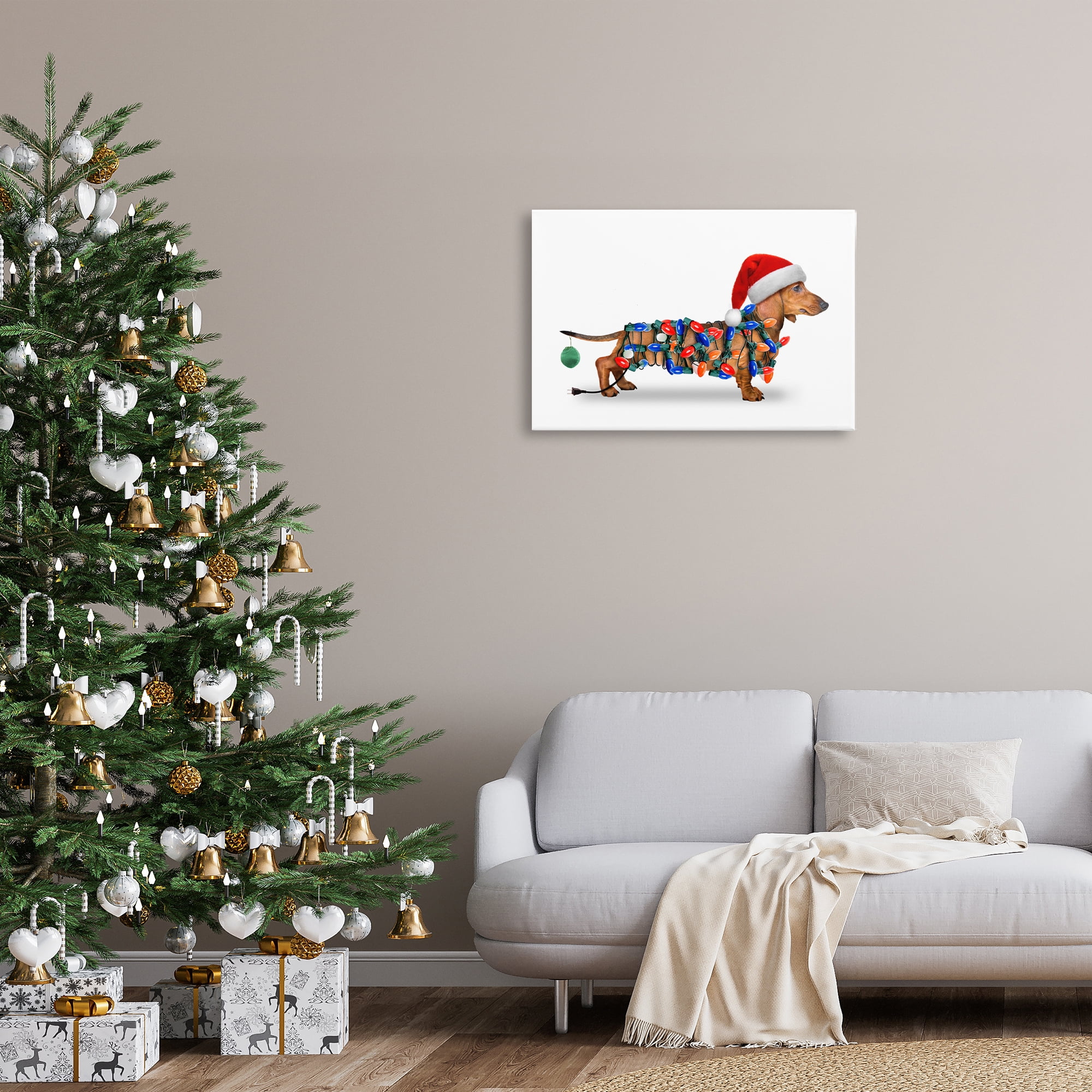 Stupell Industries Christmas Lights Wrapped Dog Holiday Painting Gallery Wrapped Canvas Art Prints Wall Art, 30 x 20