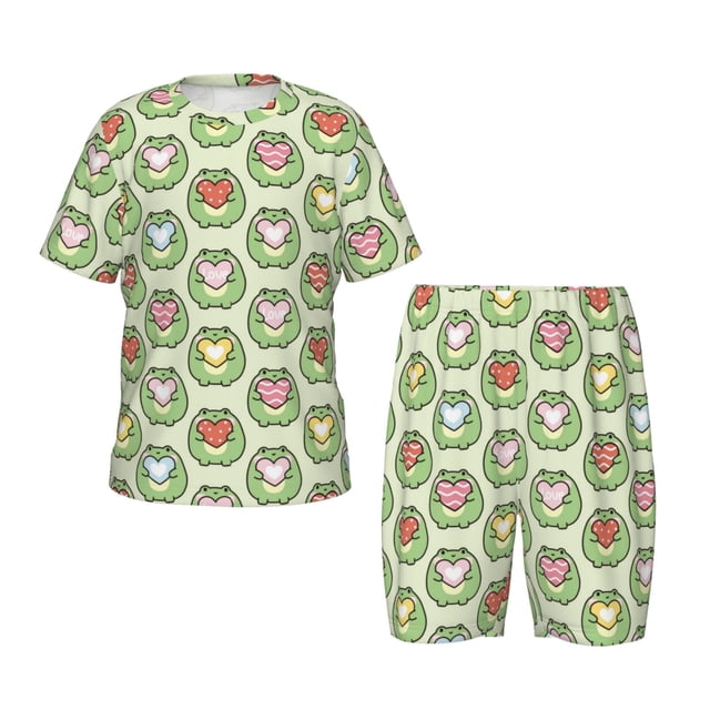 Fotbe Cute Chubby Frog Pijama Estampada de 2 Piezas para Niños – Ropa de Dormir de Manga Corta Cómoda para Niños y Niñas, Camiseta y Shorts de Algodón-X-Large