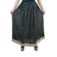 Mogul Womens Black Maxi Skirt Printed Golden Border A-Line Fit and Flare Boho Chic Gypsy Vintage Long Skirts M/L