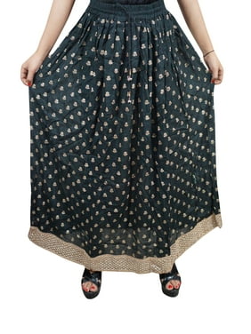Mogul Womens Black Maxi Skirt Printed Golden Border A-Line Fit and Flare Boho Chic Gypsy Vintage Long Skirts M/L