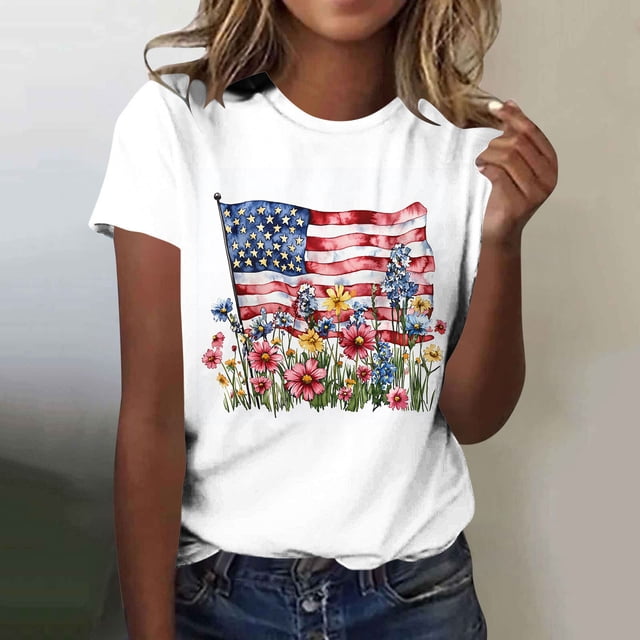 Pounoo T-Shirts pour Femmes Motif Étoiles et Rayures Manches Courtes Coupe Décontractée Chandails Légers et Confortables Hauts Style de Rue Décontracté Tenue de Fin de Semaine Cadeau