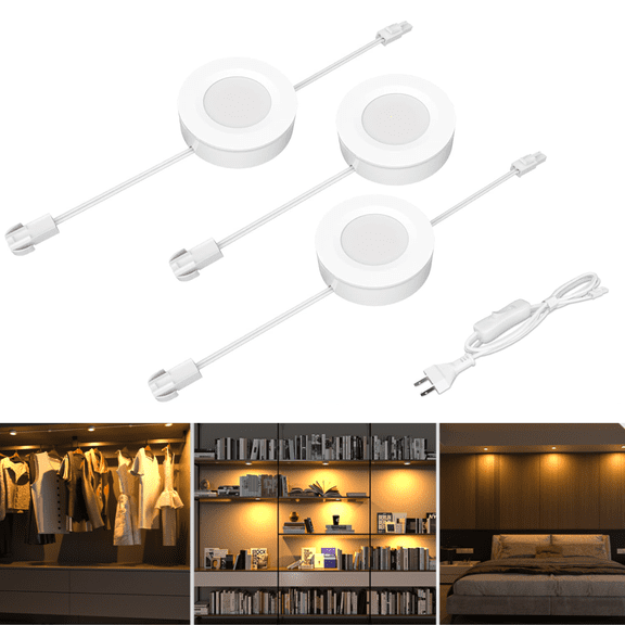 Hardwired LED Puck Lights with Switch - 3 Pack, Linkable Under Cabinet Lighting for Kitchen, Shelf, Bookcase & Pantry, Warm White 3000K, 120V, Recessed or Plug-In Install