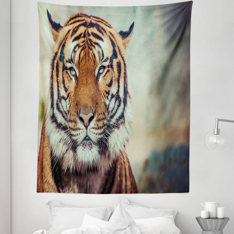 Tiger Tapestry Large Feline in a Calm State with Blurred Background Close up Image of a Beast Fabric Wall Hanging Decor for Bedroom Living Room