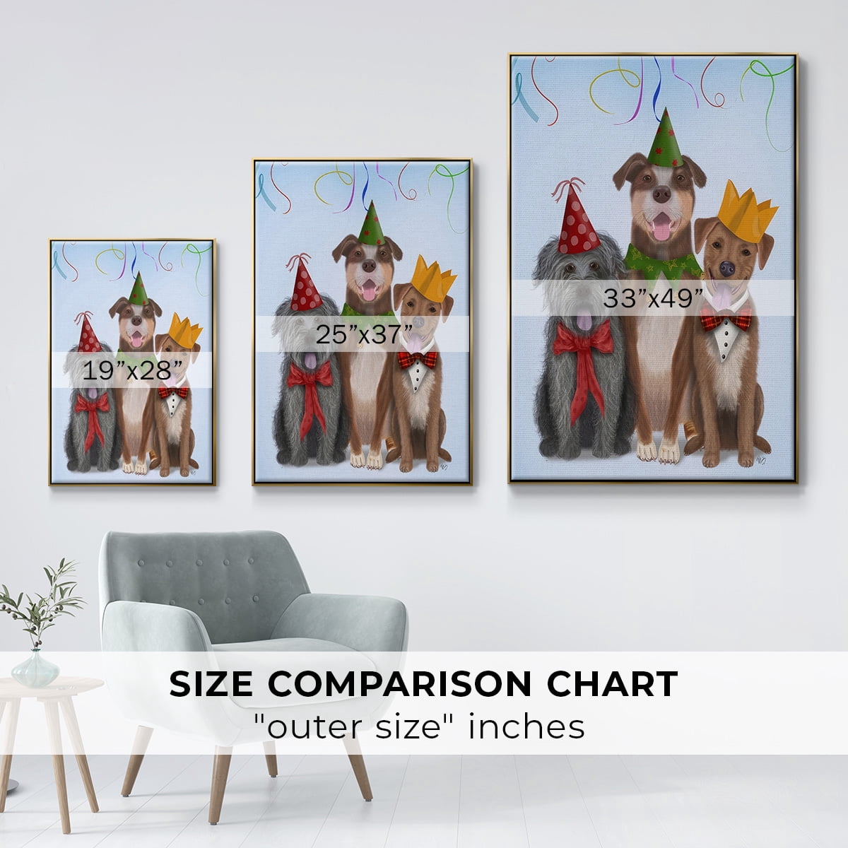 Christmas Party Mutts - Framed Gallery Wrapped Holiday Canvas - 25 x 37 - Gold Frame