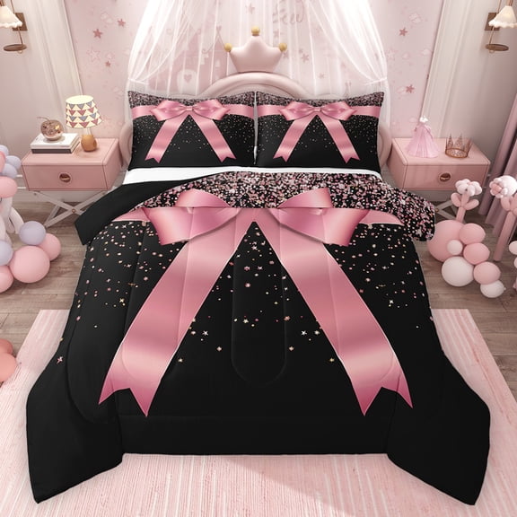 Homewish Kids Teens Pink Ribbon Bowknot Bedding Comforter Set 2pcs,Dreamy Princess Twin Comforter Sets Microfiber,Bling Glitter Breathable Bedding Set,Lightweight Room Decor,Reversible