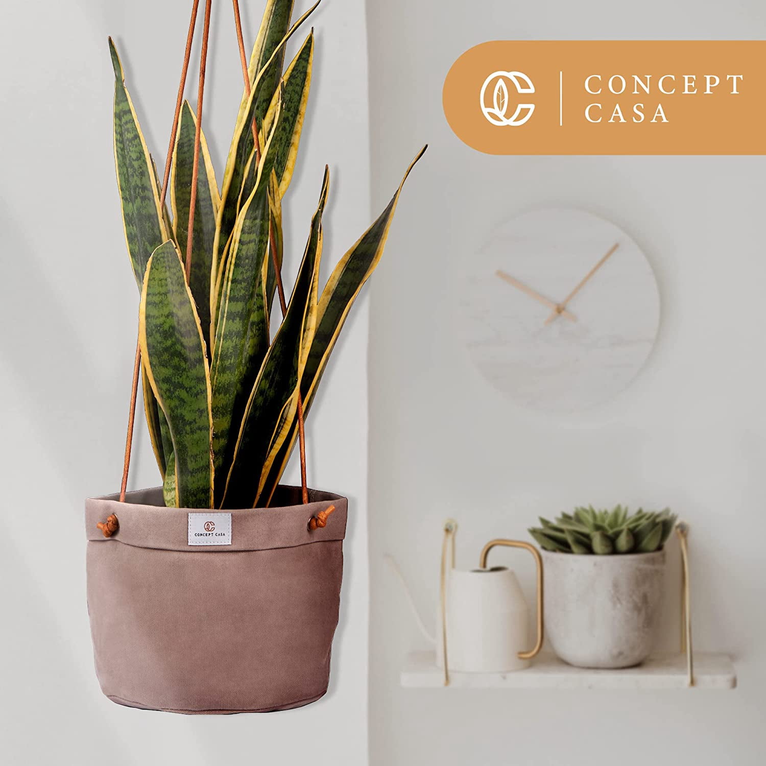 Concept Casa Large 8" Solid Print Hanging Planter with Handmade Waxed Canvas (Stone Grey)