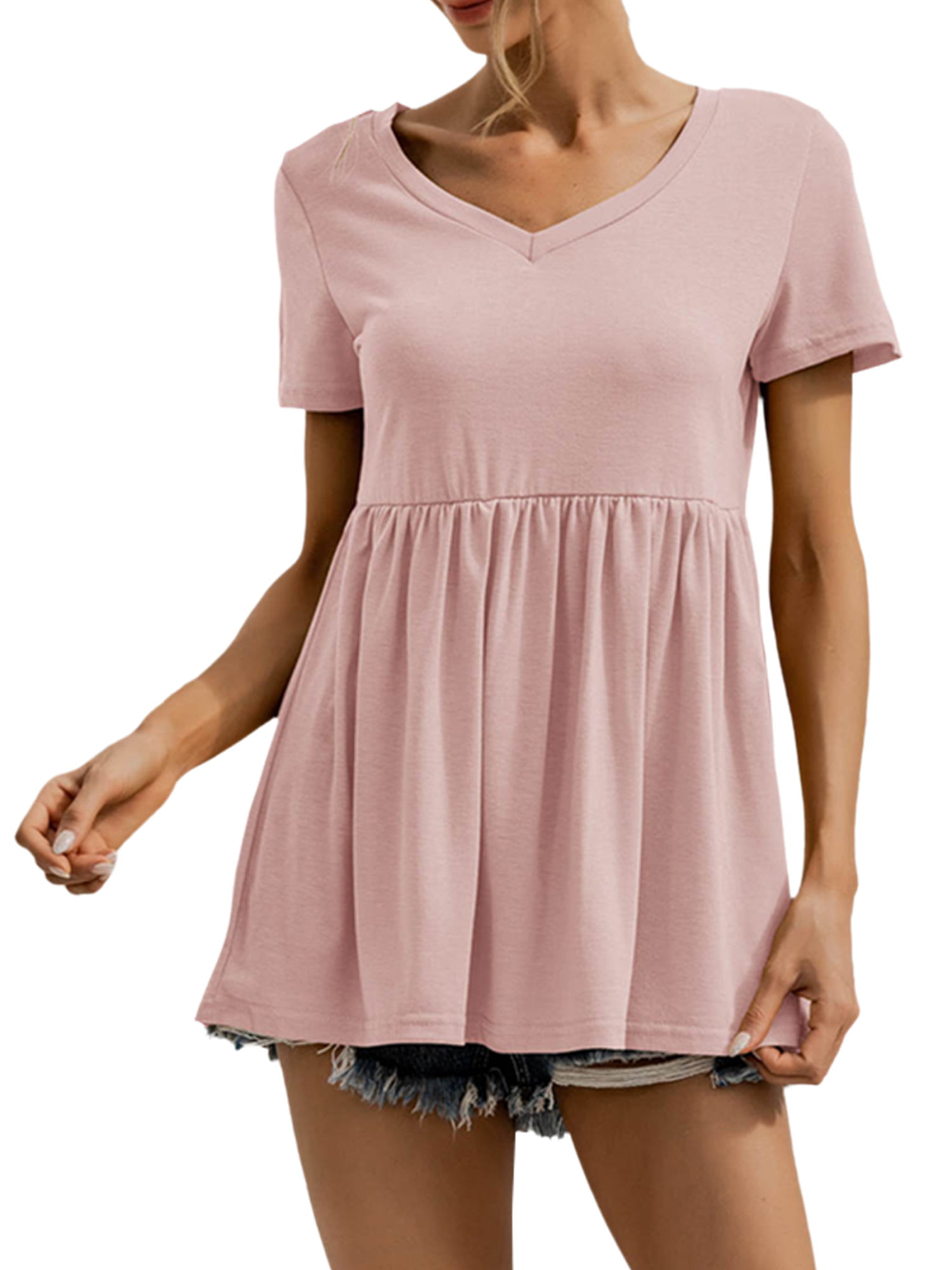 Women Peplum Tops Summer Short Sleeve Plain Swing T-Shirts Ruffle Hem Babydoll Blouse Tops 