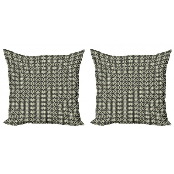 Ethnic Throw Pillow Cushion Cover Pack of 2, Continuous Pattern with Tile Like Bicolour Squares Symmetric Folk Print, Zippered Double-Side Digital Print, 4 Sizes, Dark Grey and Eggshell, by Ambesonne