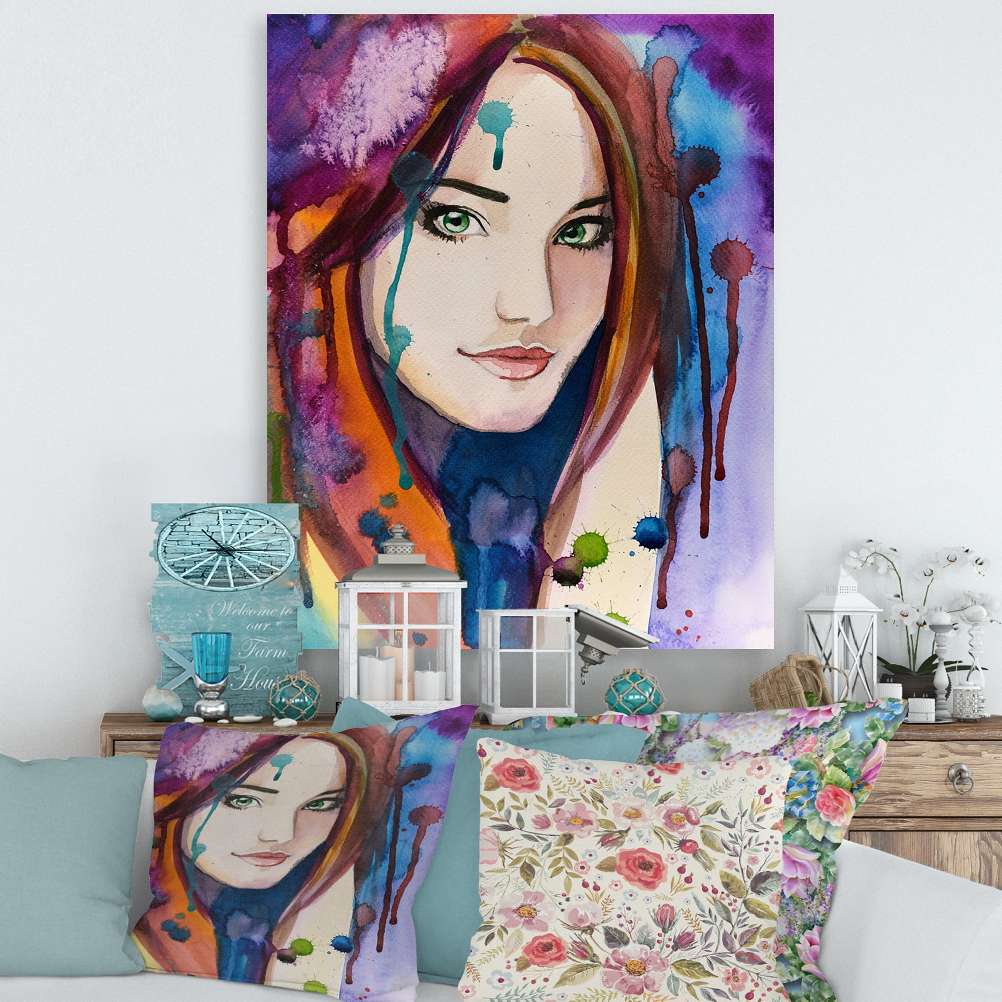 Designart ' Colorful Portrait Of Green Eyes Young Woman ' Traditional Canvas Wall Art Print