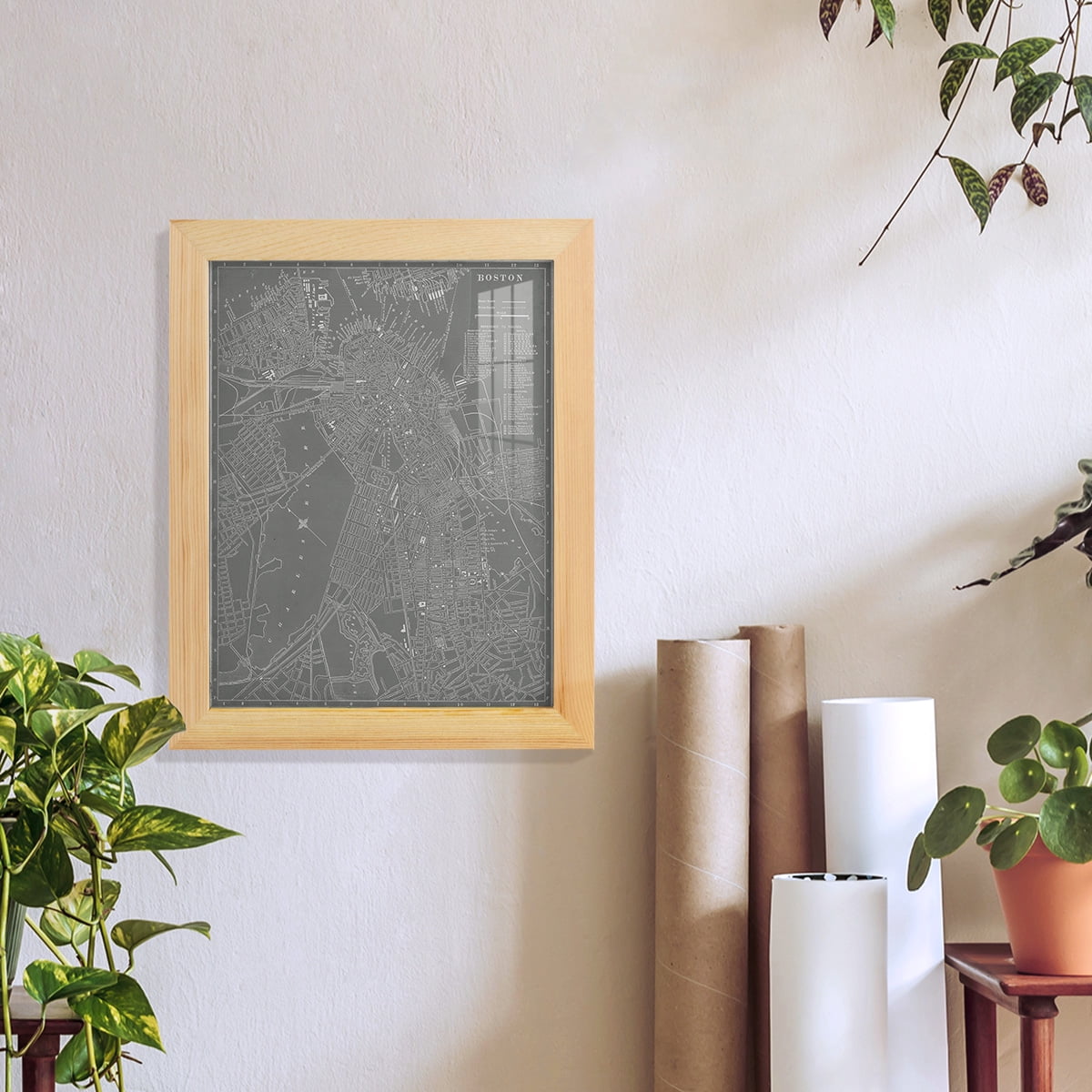 City Map of Boston -Framed Print w/glass-Natural Wood