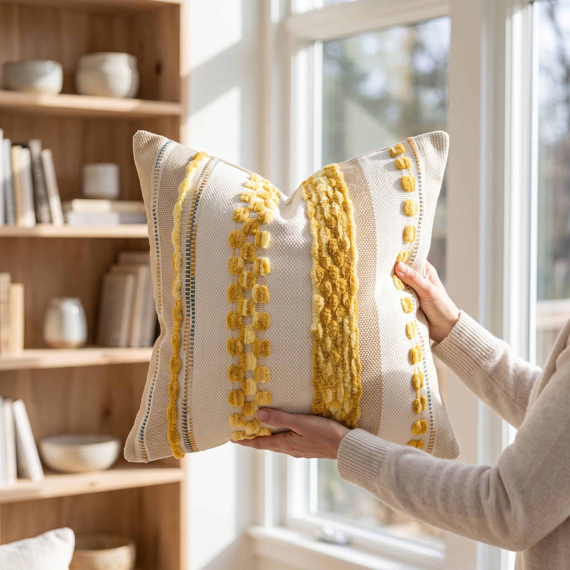 Unique Bargains 3D Chenille Tufted Pillow Cover Grid Stripe Cushion Case Yellow 18"x18"