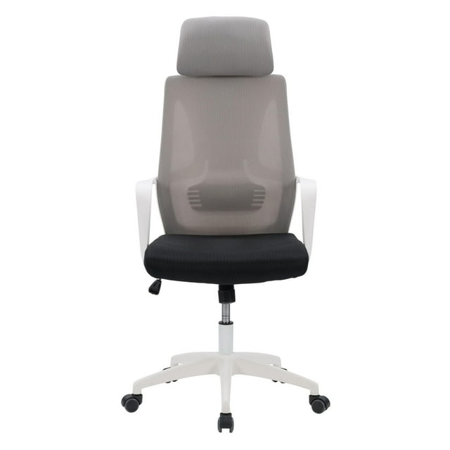 Ergonomic high-back office chair with gray mesh backrest, black cushioned seat, adjustable height lever, white armrests and base on casters.