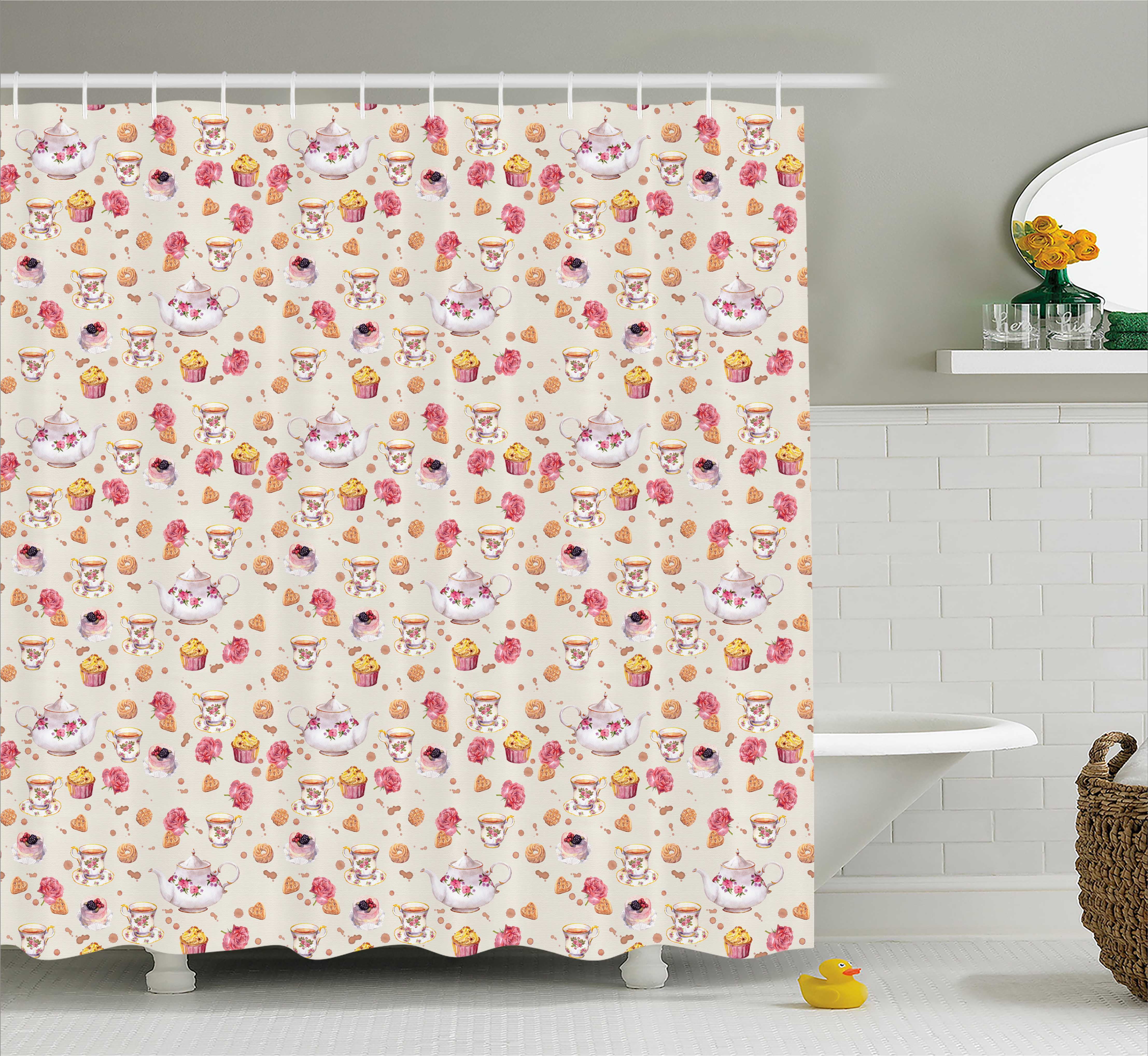 Kitchen Decor Shower Curtain, Vintage Retro Antique Tea Cups Teapots ...