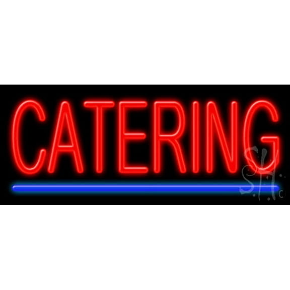 Catering LED Neon Sign 10 x 24 - inches, Black Square Cut Acrylic Backing, with Dimmer - Bright and Premium built indoor LED Neon Sign for restaurant window and interior decor.