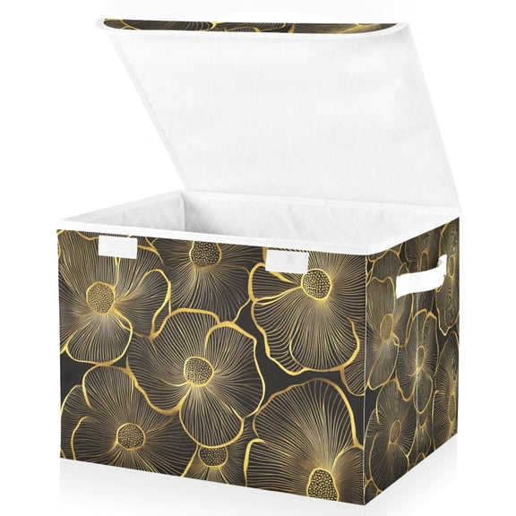 Yayeee Collapsible Cube Storage Bin with Lid Fabric Closet Decorative Basket with Handles, Black Flower Pattern