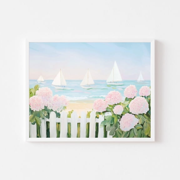 Coastal Seascape Sailboats Hydrangeas Pastel Wall Art Print, Unframed Paper Print Size 8x12