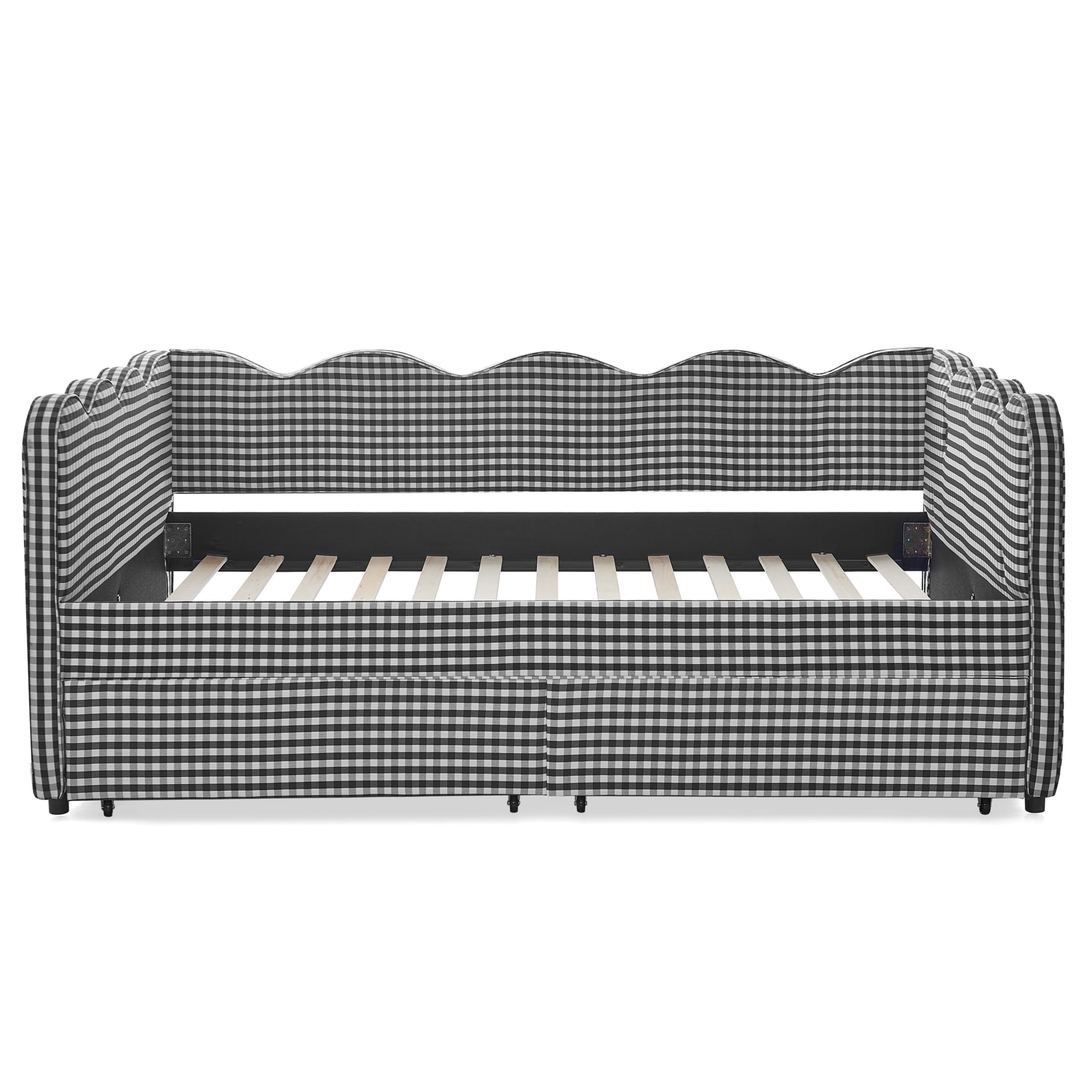 Noble House Corlan Full Size Waved Daybed, Cozy Gingham Linen Sofa Bed with Storage Drawers and Charging Port, Black
