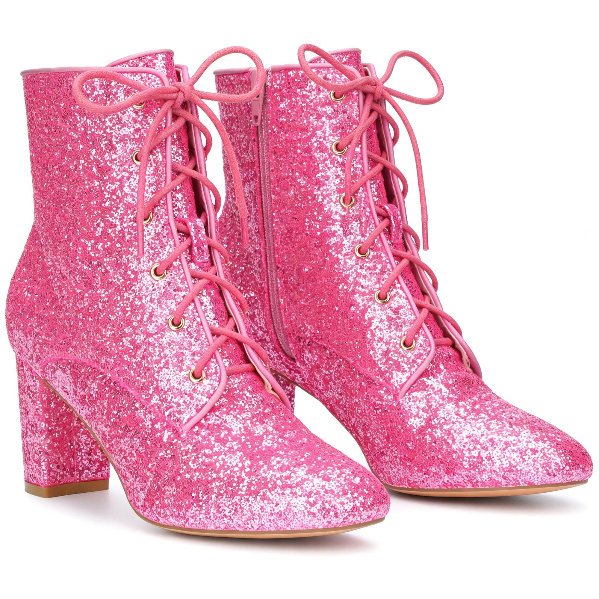 DARING DIVA Women's Square Toe Glitter Block Heels Ankle Boots Pink 10