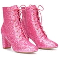 thumbnail image 4 of BLISSFUL STEP Women's Ankle Boots Chunky Heel Lace Up Side Zip Square Toe Party Boots Pink 7, 4 of 5