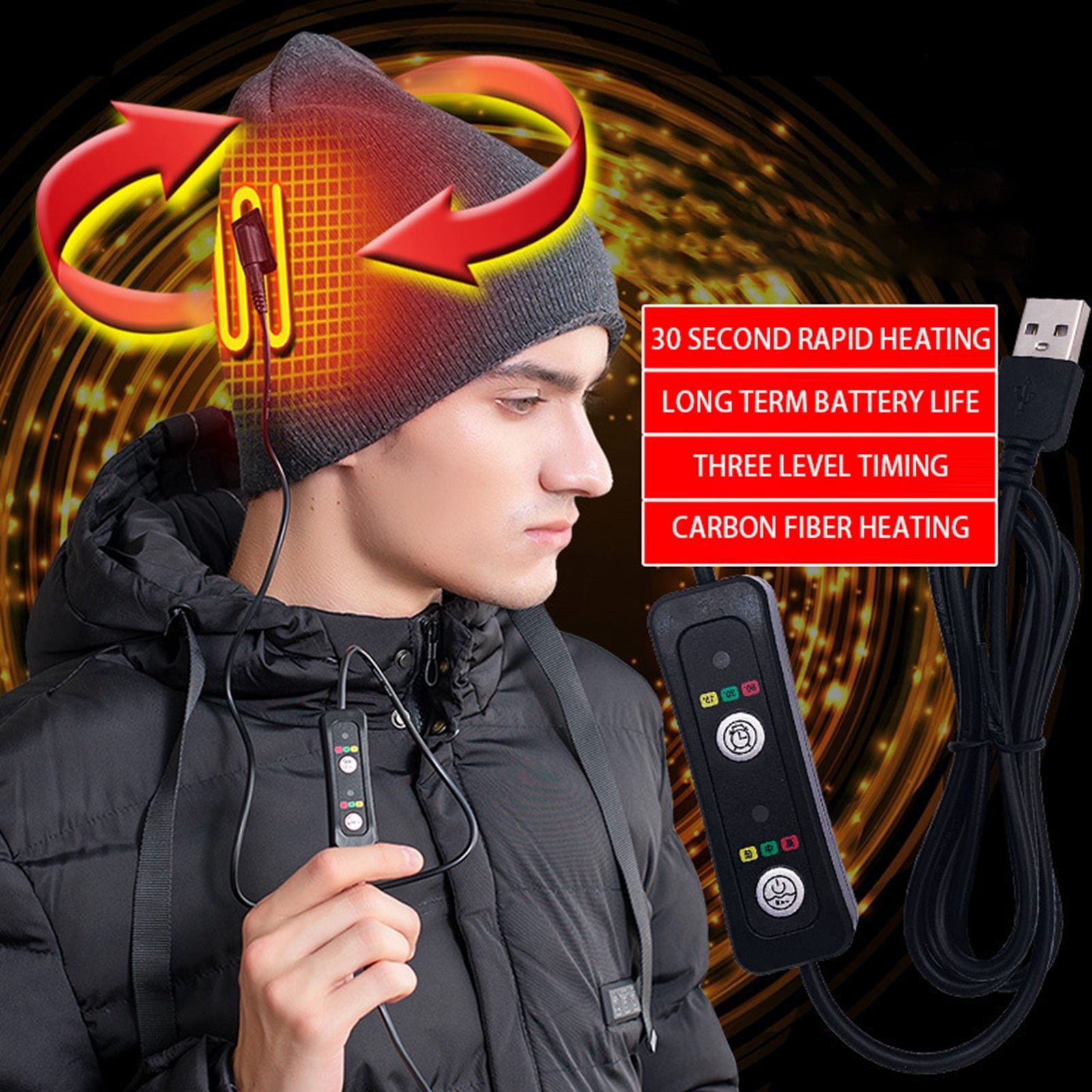 USB Electric Heated Winter Beanie Cap - Soft Lined Knitted Hat Warmer for Men, Women, Skiing, Fishing & Motorcycle Riding (No Power Included)