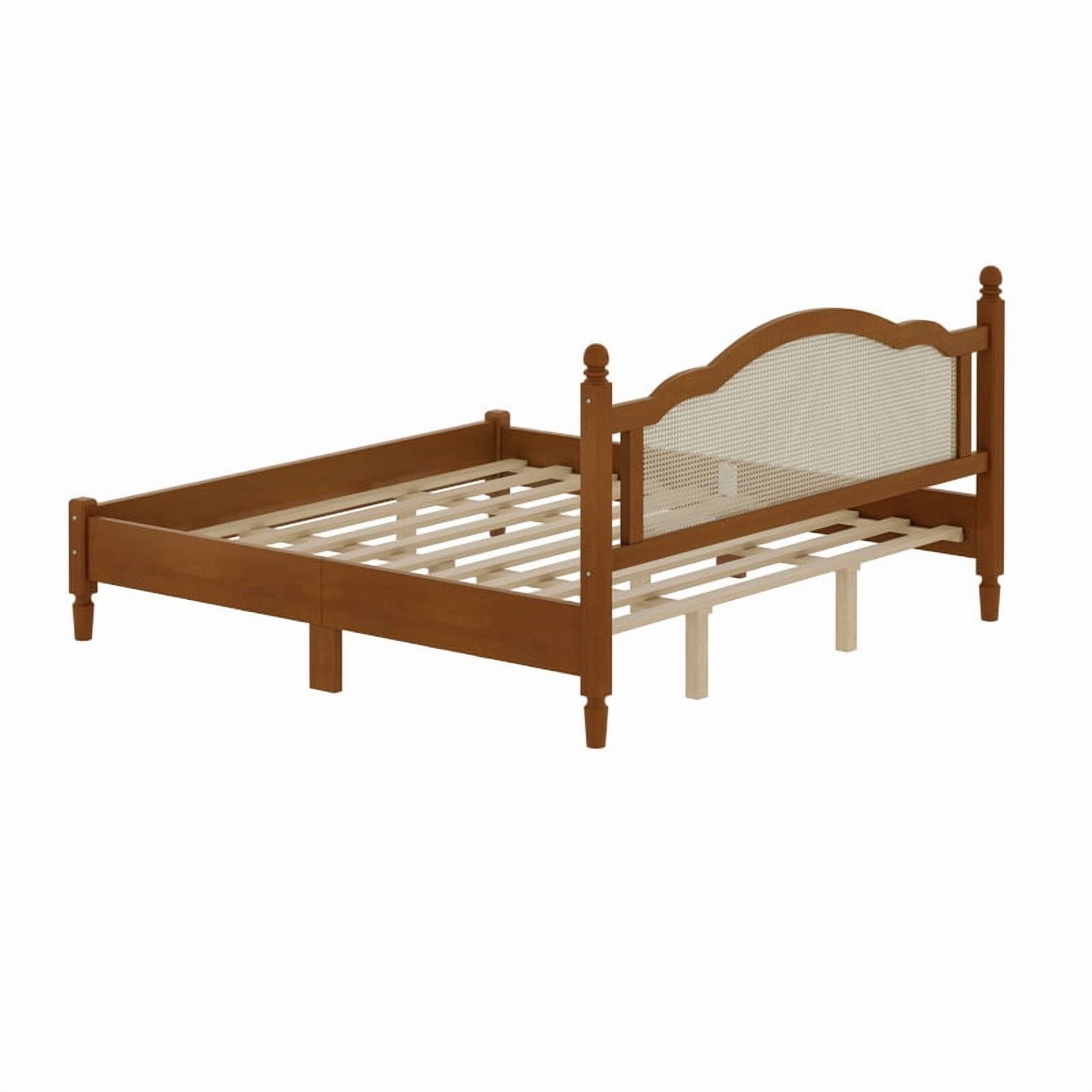 Full/Queen/King Size Platform Bed with Rattan Headboard, Vintage Style Bed Frame with Wooden Slat Support