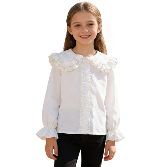 White Girls Lace Blouse Long Sleeve 100% Cotton Peter Pan Collar Ruffled Top for Kids to Teen, School & Party,Size 3 T