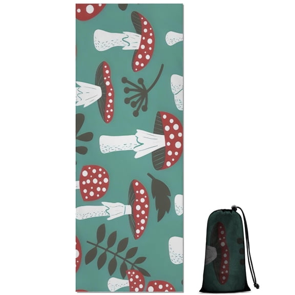 Red Mushroom Leaf Green Pattern Hot Yoga Mat Towel Non Slip for Hot Yoga - Quick-Drying Yoga Mat Cover with 4 Corner Pockets with Travel Bag - Hot Yoga Towel Non Slip 70"x26"
