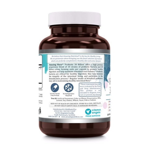 Amazing Flora Probiotic 10 Best Probiotics Strains 30 Billion 120 Veggie Capsules Supplement | Supports Better Digestive & Gut Health | Non-GMO | Gluten Free | Suitable for Vegetarians | Made in USA