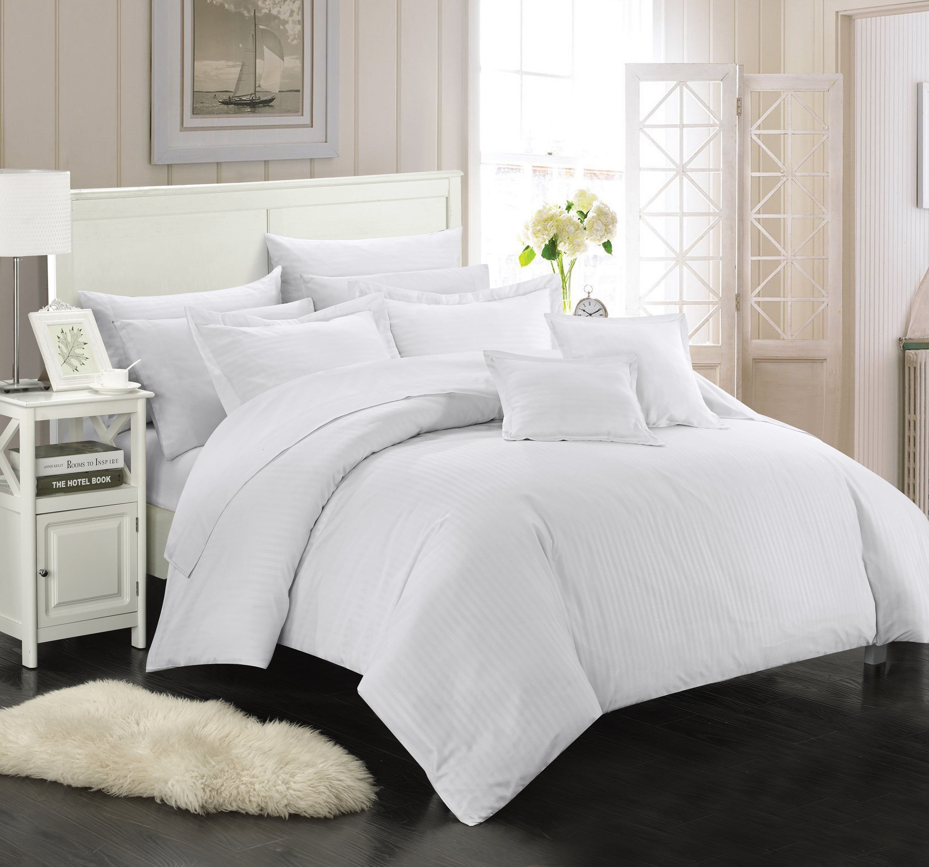 Chic Home Keynes 11Piece Solid Color Comforter Set, King, White