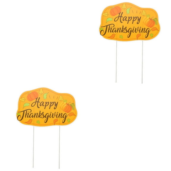 FRCOLOR 2pcs Happy Thanksgiving Fall Sign with Stakes Pumpkins Turkey Gnome Maple Leaf Garden Hat Lawn Decor Signs Autumn Harvest Outdoor Decoration