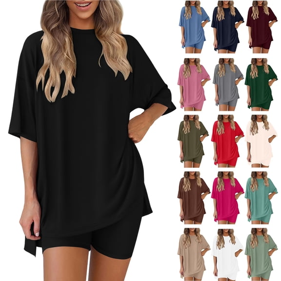 Bovxnpu Summer Casual Outfits For Women, 2 Piece Lounge Sets, Women's Summer Solid Color Round Neck Five Quarter Sleeved Top shorts Pants Two-piece Set L