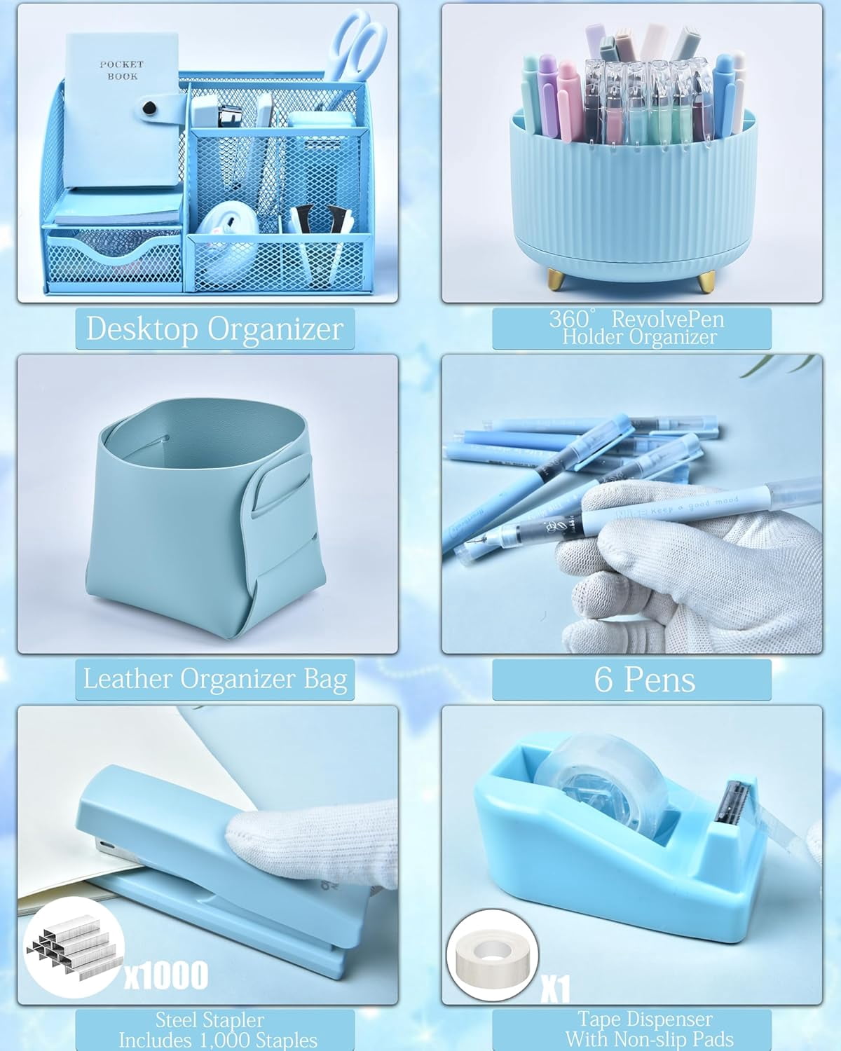 20Pcs Blue Desk Organizers and Accessories With Mesh Desk Organizer and 360°Rotating Pen Holder and a Lot of Office Blue Office Supplies Beautifully Presented in a Gift Box