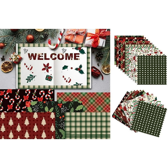 UDIYO Christmas Pattern Cardstock 24pcs/set Double-sided Merry Christmas Scrapbook Paper Green Decorative Craft Paper for Card Making Photo Album Holiday