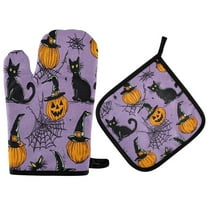 Yayeee Oven Mitts and Pot Holder Set of 2 Heat Resistant Kitchen Gloves Baking Hot Pad, Halloween Pumpkin