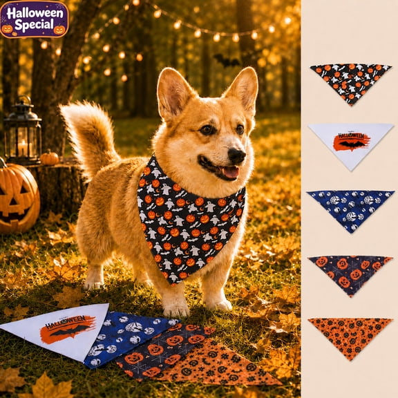 Halloween Triangle Pet Bandana, Pumpkin Ghost Print Adjustable Dog Cat Neck Kerchief Scarf Bib, Soft Reusable Saliva Towel, Festive Dress-Up Accessory for Pets Halloween Parties Daily Home Decor