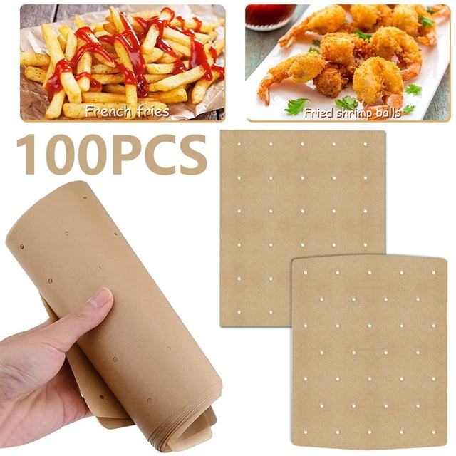 MesaSe 100 Pcs Papier Parchemin pour Friteuse à Air Chaud Perforé Carré Antiadhésif Non Blanchi Résistant à la Chaleur pour Cuisson Rôtissage