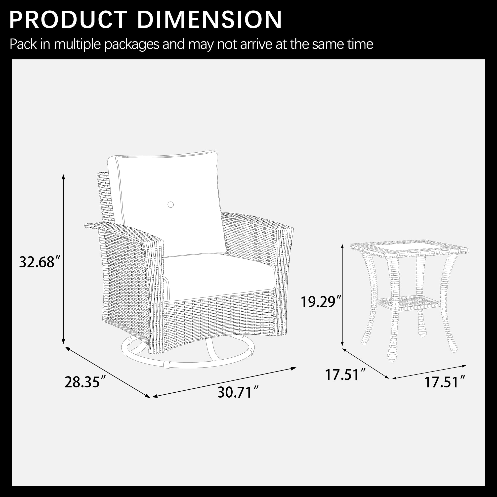 LayinSun 3 Piece Wicker Patio Furniture Set, Classis Outdoor Conversation 360 Degree Swivel Chairs Set with Coffee Table